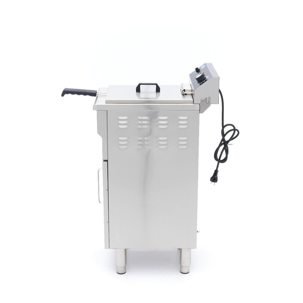 Friteuse Maxima de 16 L avec un panier, robinet de vidange et support, branchement 230V, pour la friture domestique.