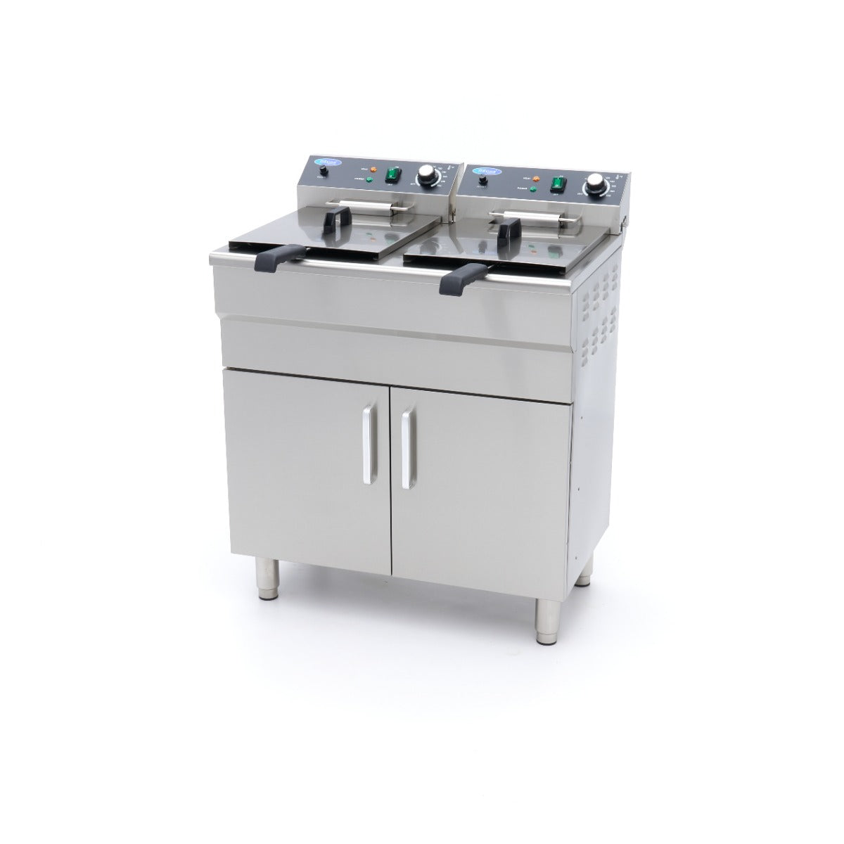 Friteuse Maxima 2 x 16 L avec 2 paniers, robinet de vidange et support, électrique 230V, idéale pour la cuisson.