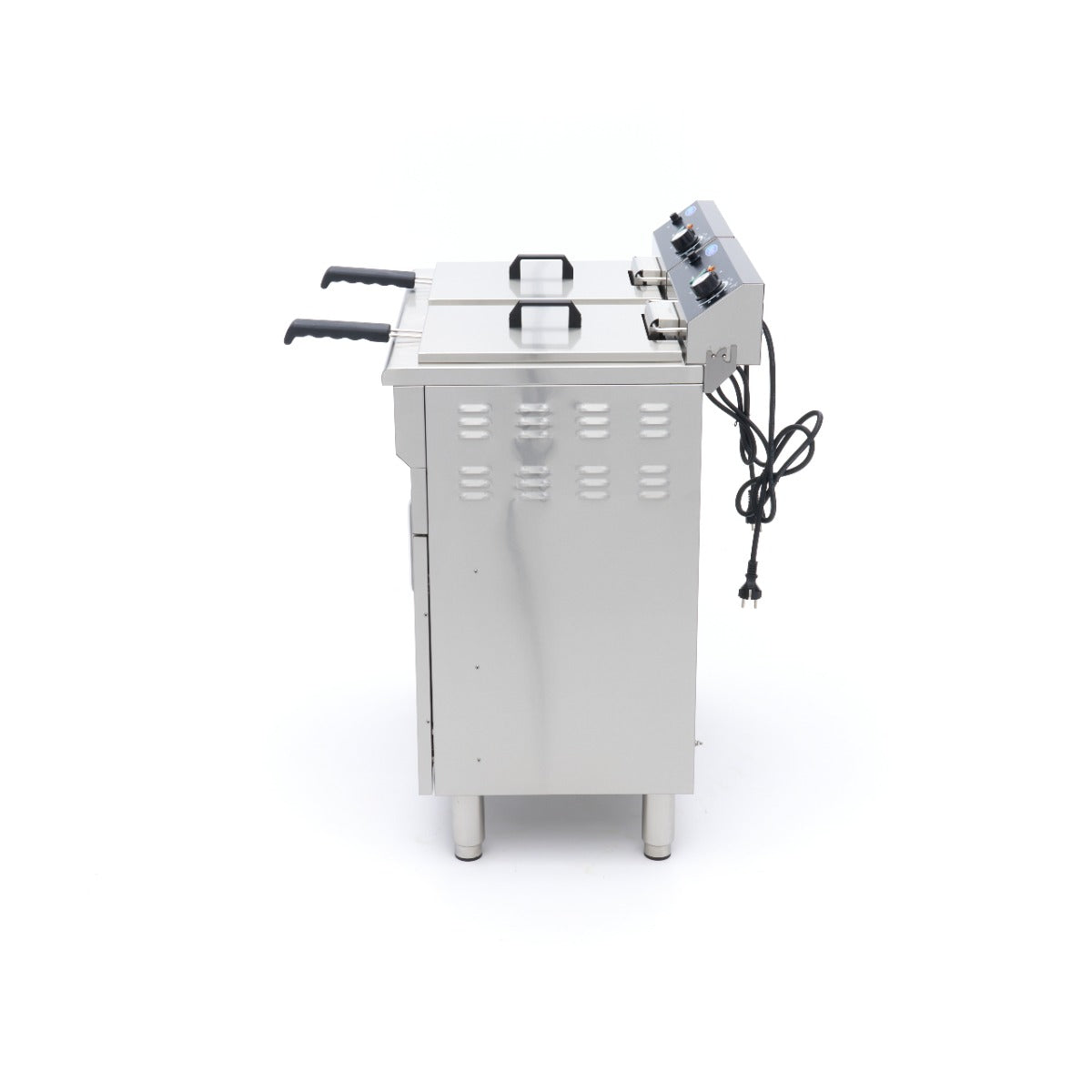 Friteuse Maxima 2x16L avec 2 paniers, robinet de vidange et support, électrique 230V, idéale pour la cuisson de fritures.