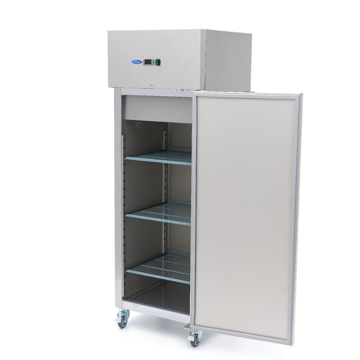 Réfrigérateur en acier inoxydable Maxima de 400 L avec 3 étagères réglables, sur roulettes, visible en intérieur propre et moderne