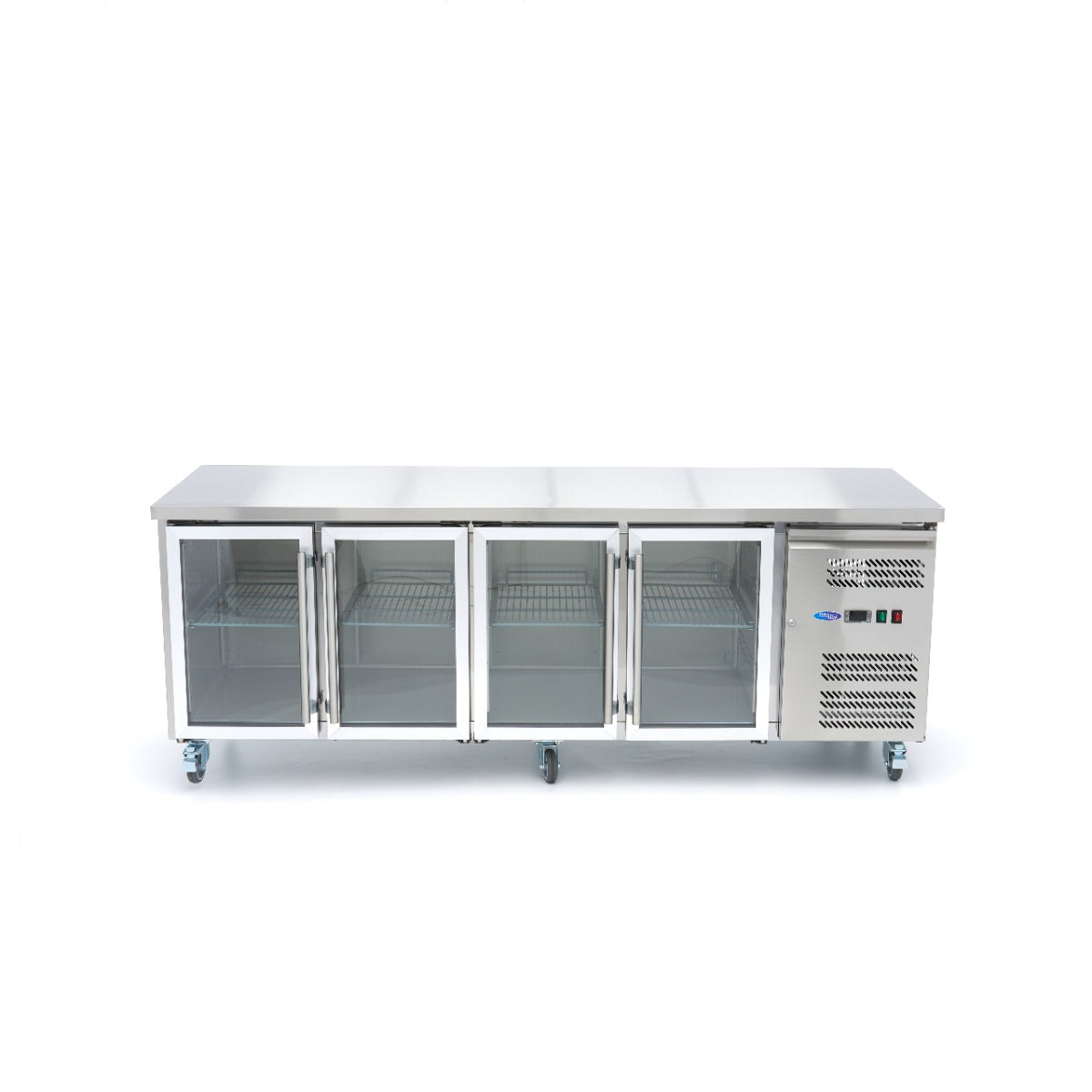 Réfrigérateur de comptoir Maxima, table réfrigérée positive de 223 cm avec 4 portes vitrées pour stockage froid.