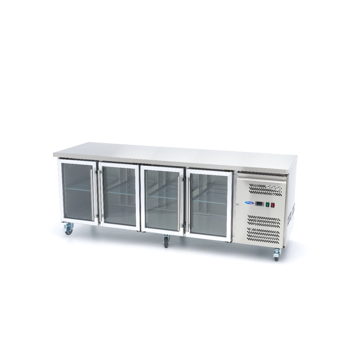 Réfrigérateur de comptoir Maxima, table réfrigérée positive avec 4 portes vitrées, dimensions 223 cm, pour stockage alimentaire.