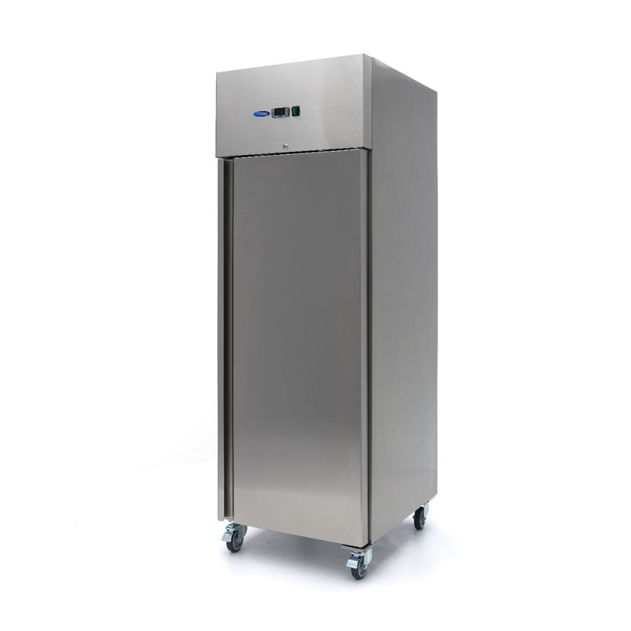 Congélateur professionnel Maxima de 600 L en acier inoxydable avec 3 étagères réglables sur roulettes, capacité de 2/1 GN.