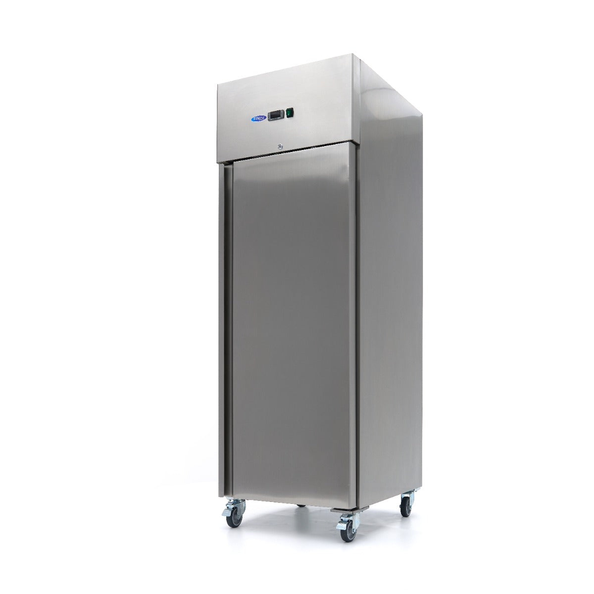 Réfrigérateur en acier inoxydable Maxima de 600 L avec 3 étagères réglables, sur roulettes, design professionnel.