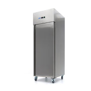 Congélateur professionnel Maxima de 400 L en acier inoxydable avec 3 étagères réglables sur roulettes, image montrant la porte et les étagères