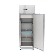 Réfrigérateur en acier inoxydable Maxima de 600 L avec 3 étagères réglables, sur roulettes, conçu pour la conservation.