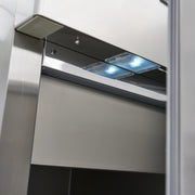 Réfrigérateur en acier inoxydable Maxima de 600 L avec 3 étagères réglables, sur roulettes, image montrant l'intérieur et l'extérieur