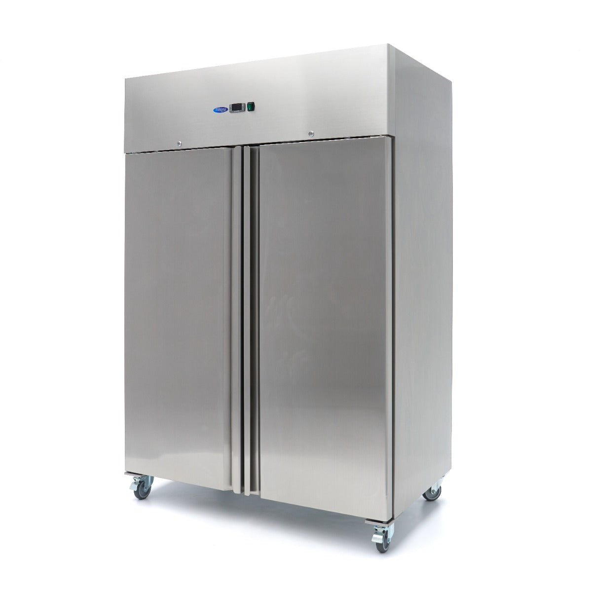 Réfrigérateur Maxima 2 portes en acier inoxydable, 1200 L, 6 étagères réglables, sur roulettes, modèle 2/1 GN.