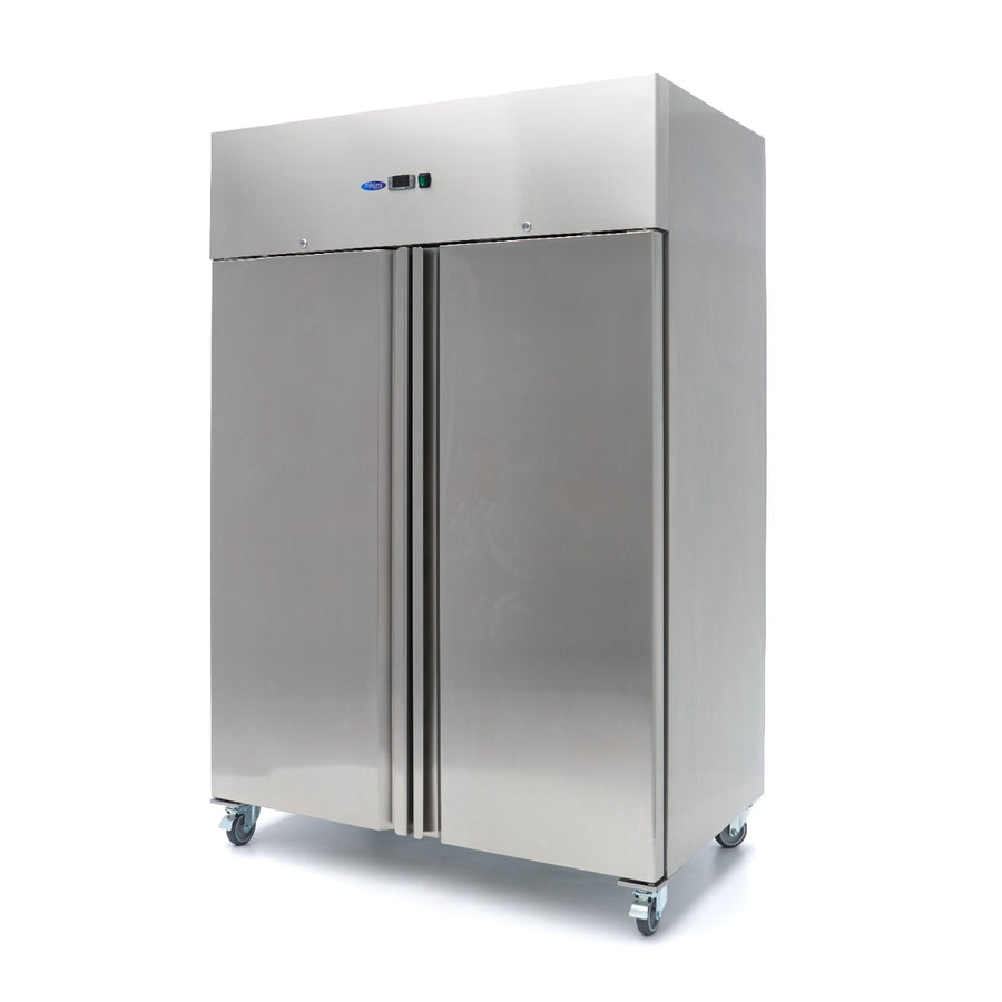 Réfrigérateur Maxima 2 portes en acier inoxydable, 1200 L, 6 étagères réglables, sur roulettes, format 2/1 GN.
