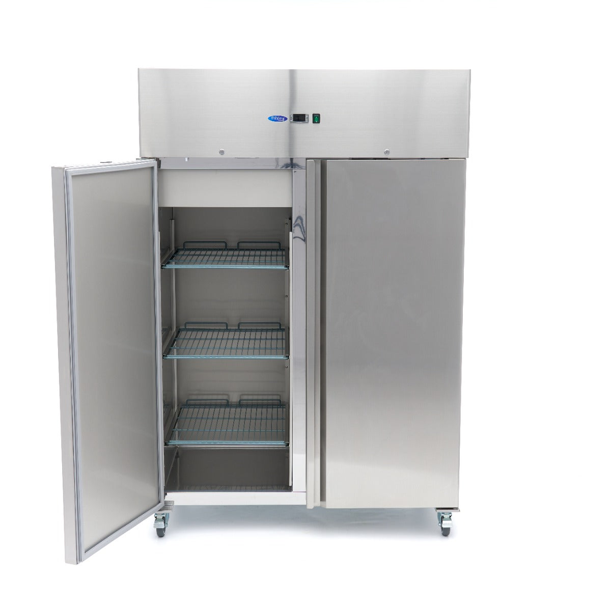 Réfrigérateur Maxima 2 portes en acier inoxydable, 1200 L, 6 étagères réglables, sur roulettes, avec compartiments spacieux.