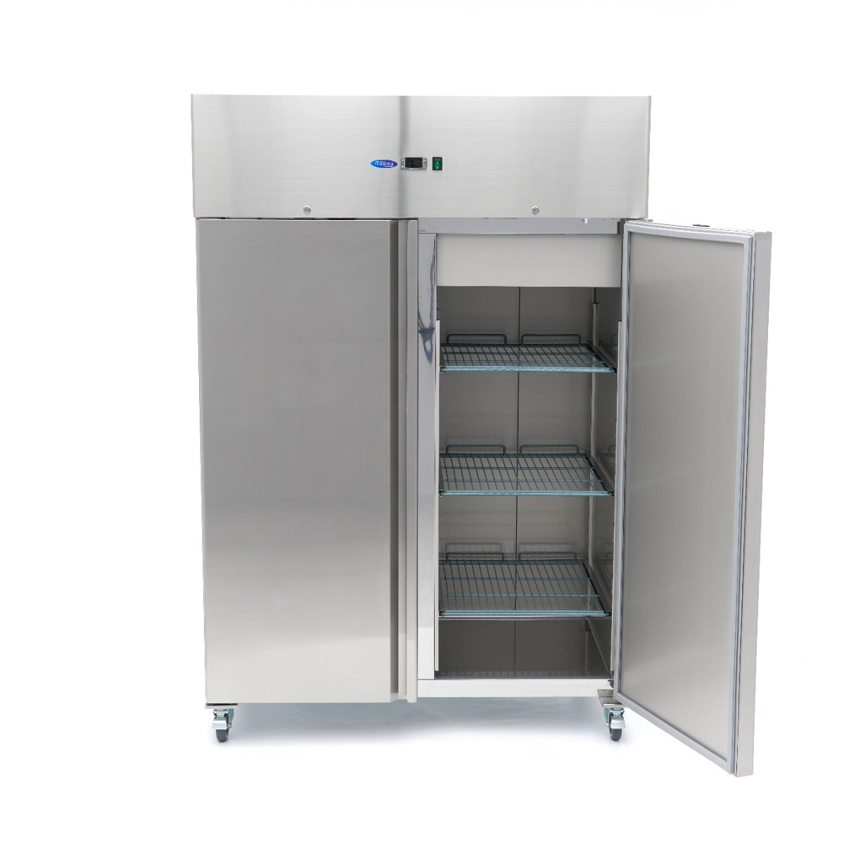 Réfrigérateur Maxima 2 portes en acier inoxydable, 1200 L, 6 étagères réglables, sur roulettes, modèle 2/1 GN.