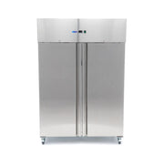 Réfrigérateur Maxima 2 portes en acier inoxydable, 1200 L, 6 étagères réglables, sur roulettes, modèle avec compartiments spacieux.