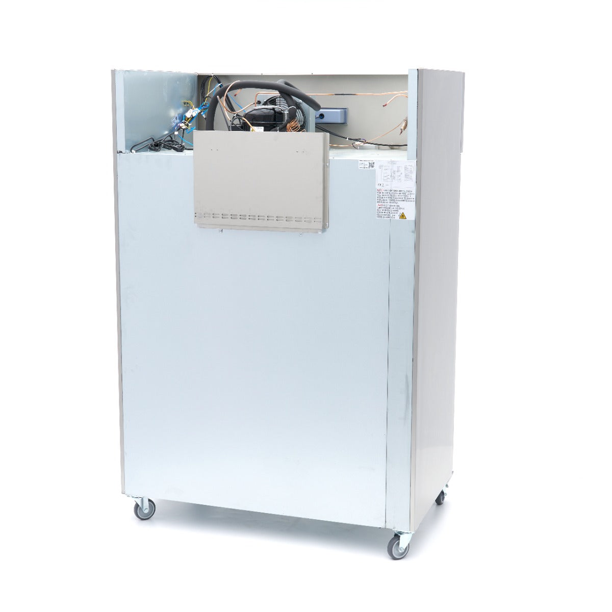 Réfrigérateur Maxima 2 portes en acier inoxydable, 1200 L, 6 étagères réglables, sur roulettes, capacité pour stockage.
