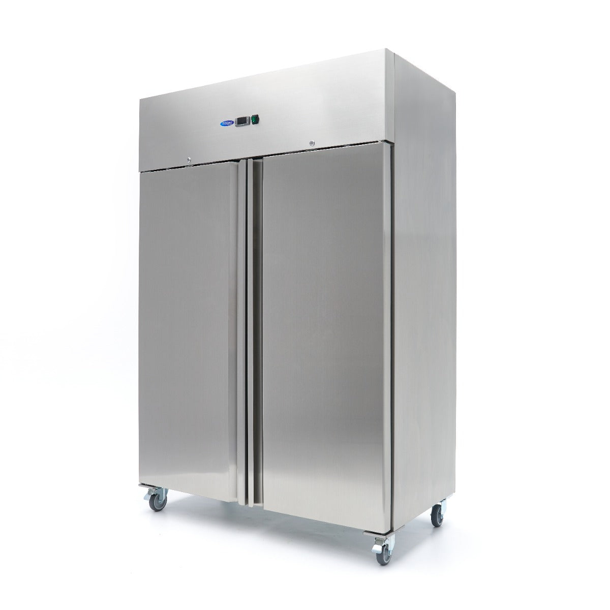 Réfrigérateur Maxima 2 portes en acier inoxydable, 800 L, 6 étagères réglables, sur roulettes, moderne et spacieux.