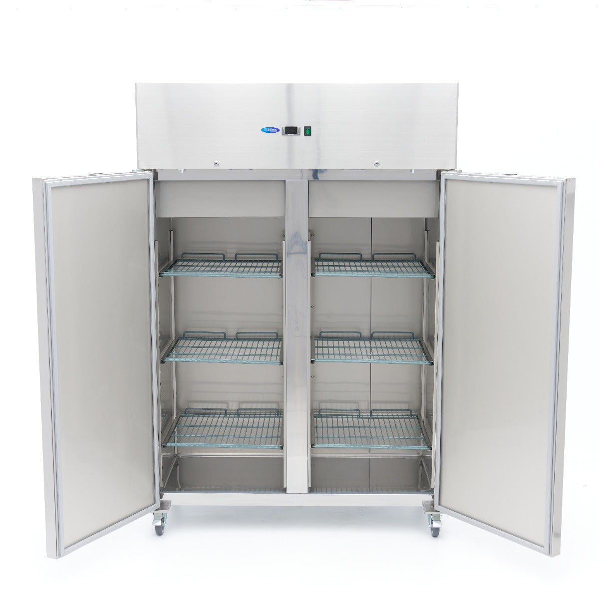 Réfrigérateur Maxima 2 portes en acier inoxydable, 800 L, 6 étagères réglables, sur roulettes, design moderne.
