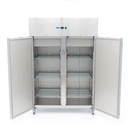 Réfrigérateur Maxima 2 portes en acier inoxydable, 800 L, 6 étagères réglables, sur roulettes, design moderne.