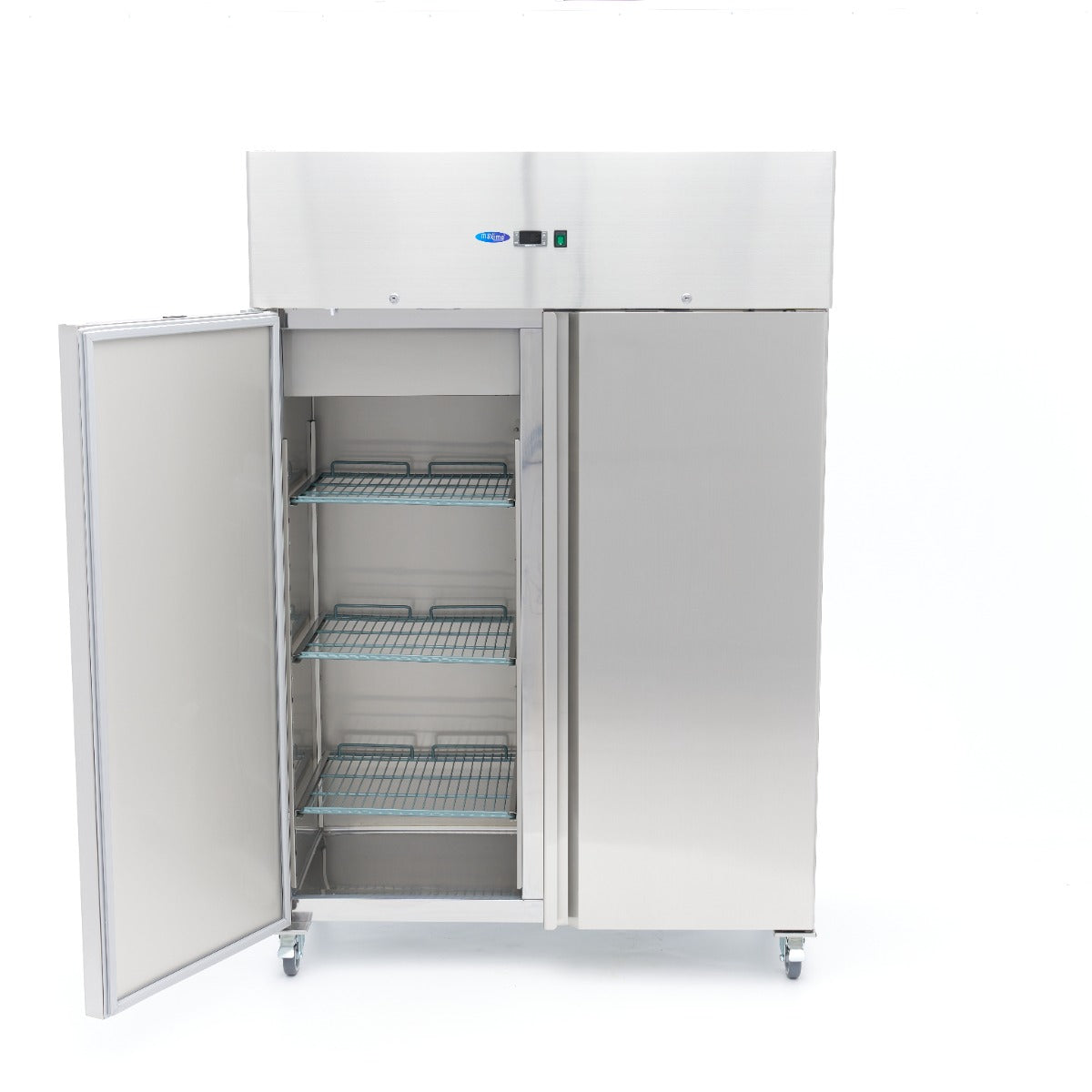Réfrigérateur Maxima 2 portes en acier inoxydable, 800 L, avec 6 étagères réglables et roulettes pour facilités de déplacement.
