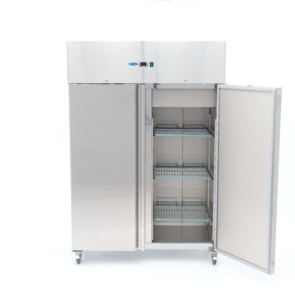 Réfrigérateur Maxima 2 portes en acier inoxydable, 800 L, 6 étagères réglables, sur roulettes, design moderne et spacieux.