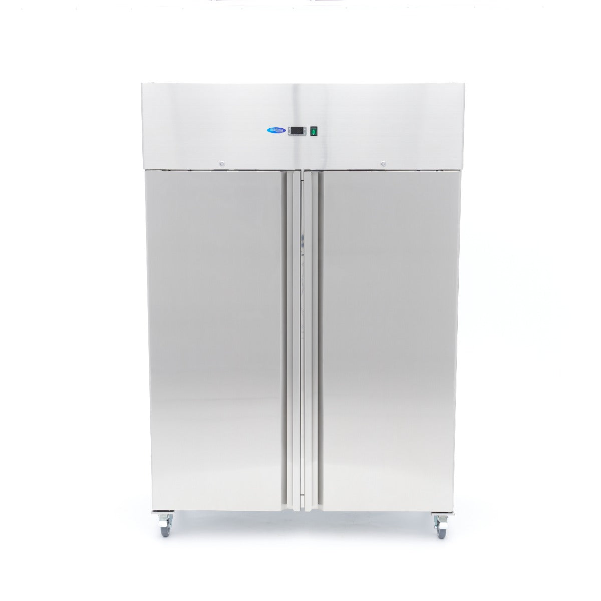 Réfrigérateur Maxima 2 portes en acier inoxydable, 800 L, 6 étagères réglables, sur roulettes, design moderne.