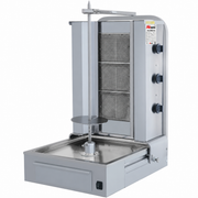 Machine à kebab professionnelle AKSORA avec 3 feux gaz, moteur bas, pour cuisson efficace et rapide.