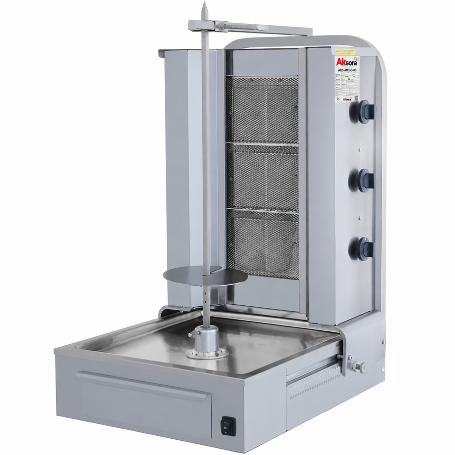Machine à kebab professionnelle AKSORA avec 3 feux gaz, moteur bas, pour cuisson efficace et rapide.