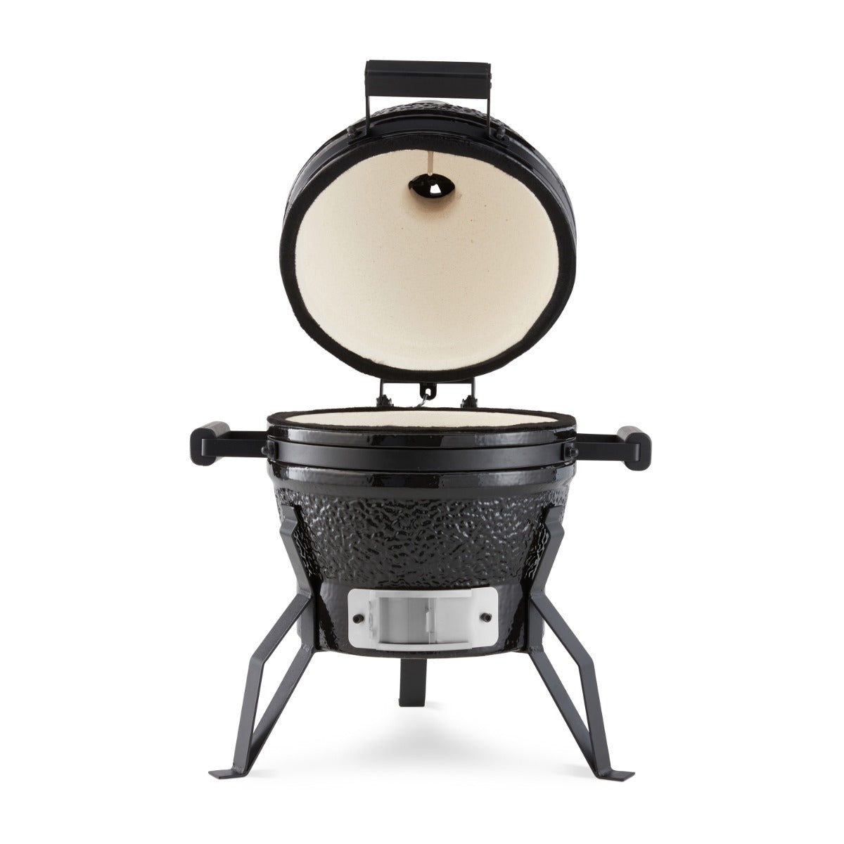 Barbecue kamado Maxima de 13 pouces, en céramique noire, avec couvercle et cheminée pour cuisson traditionnelle en plein air.