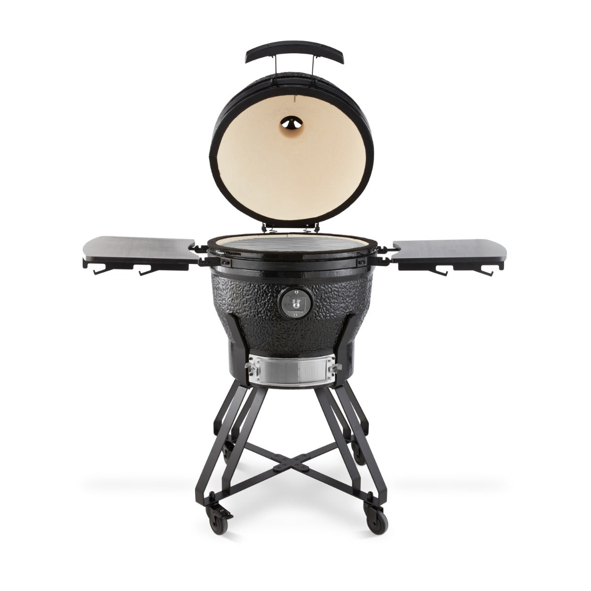 Kamado barbecue premium Maxima de 22 pouces avec surface en céramique noire et grille de cuisson en acier inoxydable.