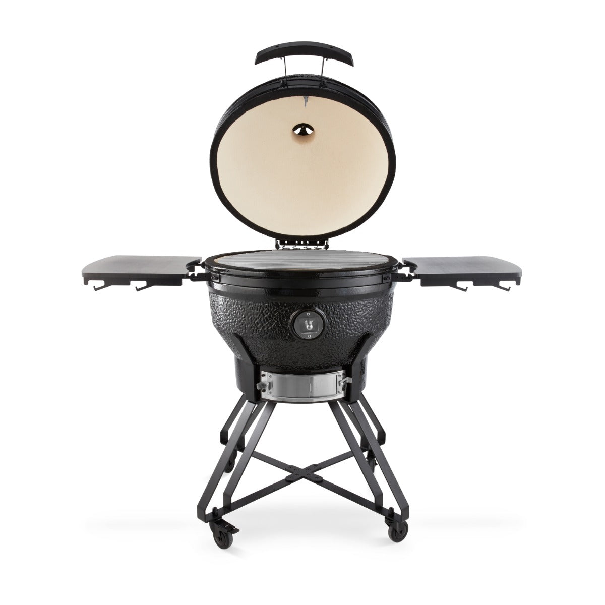 Barbecue kamado premium Maxima de 26 pouces avec surface de cuisson en céramique noire et poêle en acier.