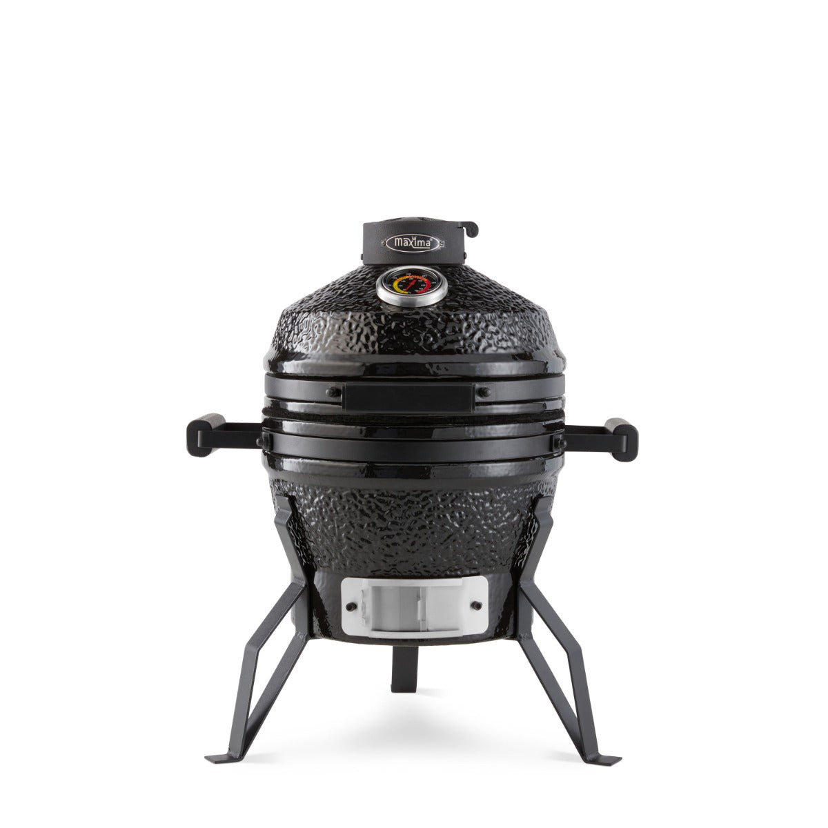 Barbecue kamado premium Maxima de 13 pouces avec surface en céramique noire et poignée en acier sur un support en métal.