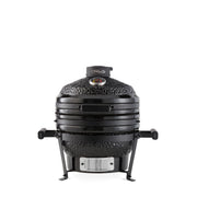 Gril kamado premium Maxima de 16 pouces, en céramique noire avec couvercle, pour cuisson en extérieur.