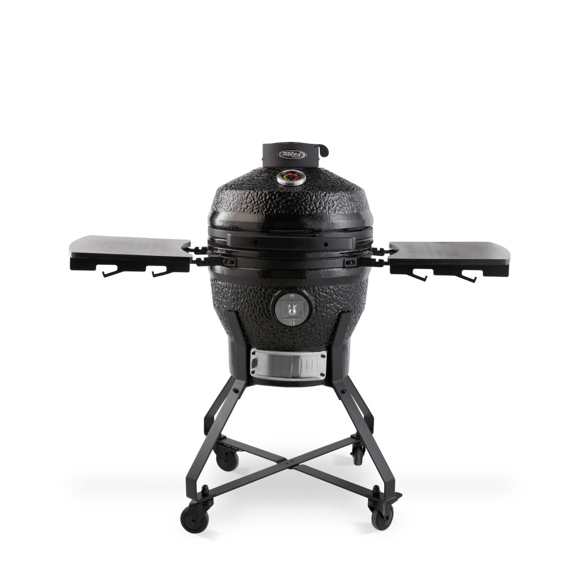 Kamado barbecue Maxima 18 pouces en céramique avec couvercle, poignée en bois, grille de cuisson et ventilation.