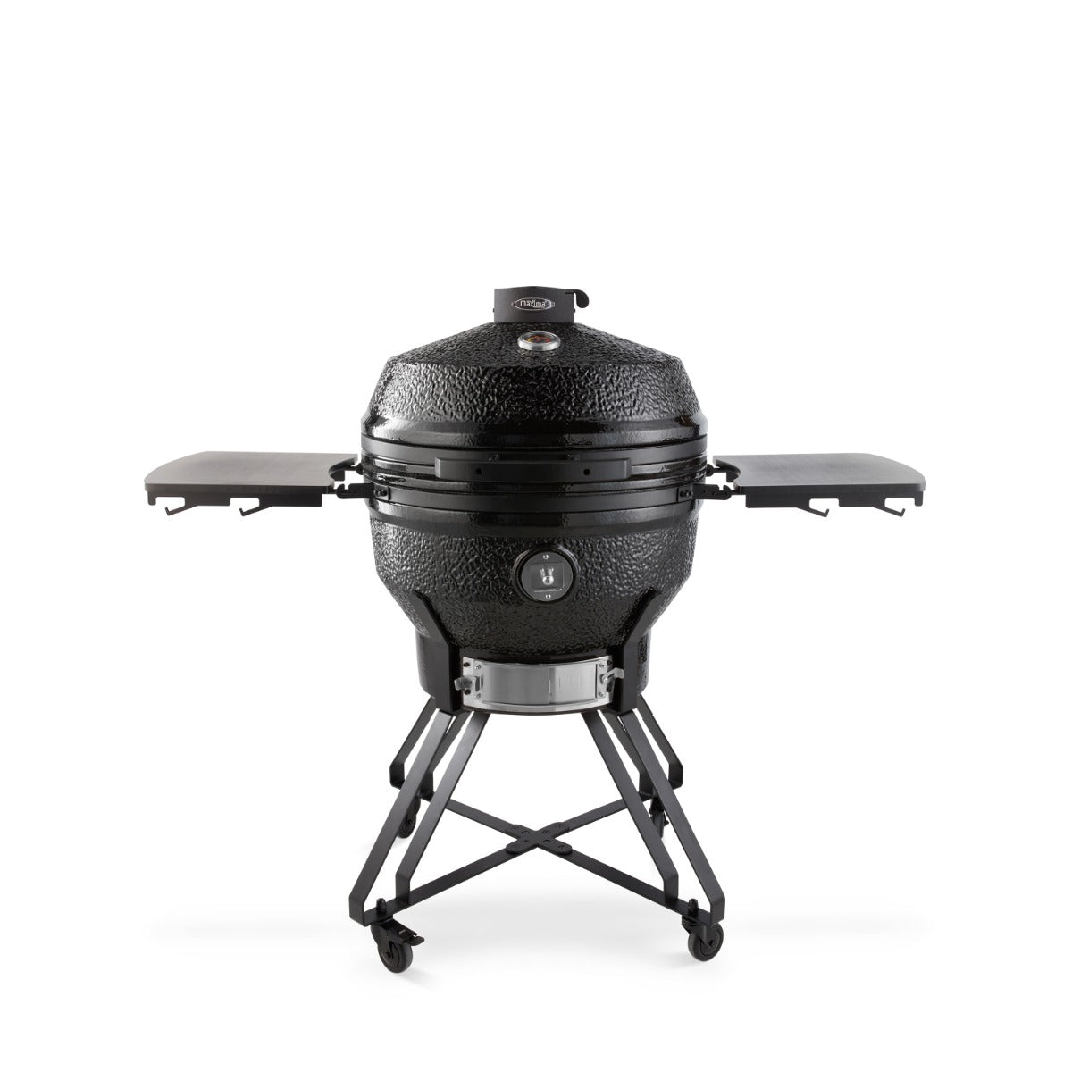 Grille de barbecue Kamado Maxima de 26 pouces, en céramique noire, avec cheminée et surface de cuisson ronde.