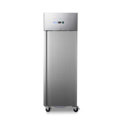Réfrigérateur à poisson Maxima en acier inoxydable, 600 L, 7 conteneurs sur roulettes, capacité pour poisson frais.