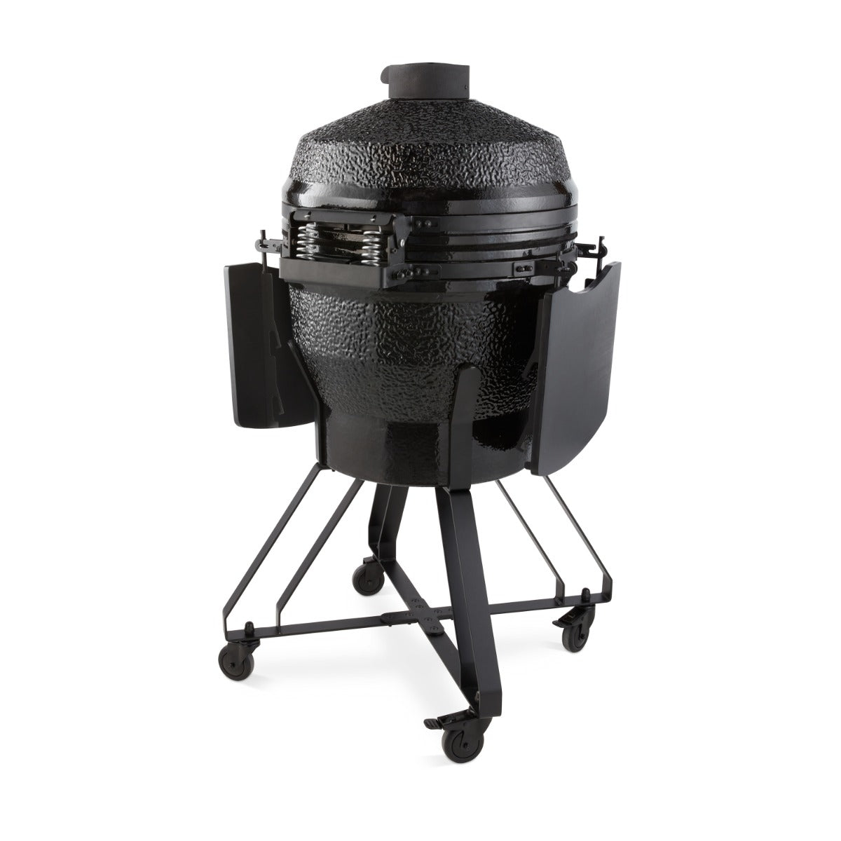 Barbecue kamado Premium Maxima de 22 pouces en céramique noire, avec couvercle et cheminée pour cuisson en extérieur.