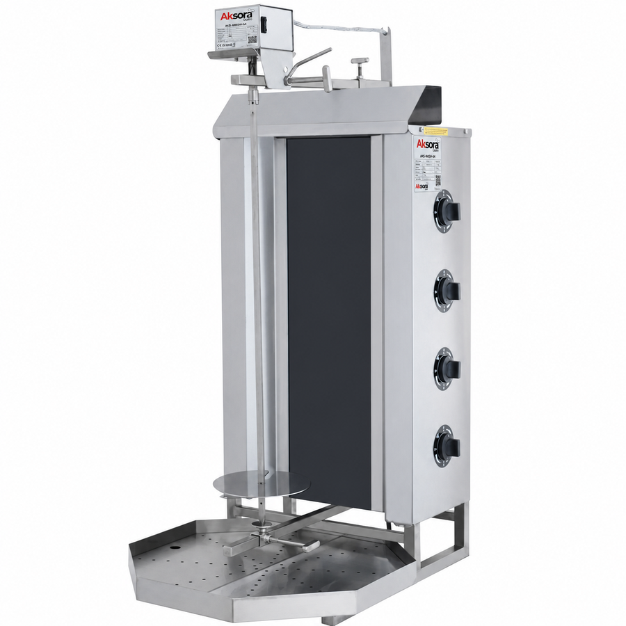 Machine à kebab électrique AKSORA avec 4 feux et moteur haut pour usage professionnel, vue de face avec éléments chauffants.