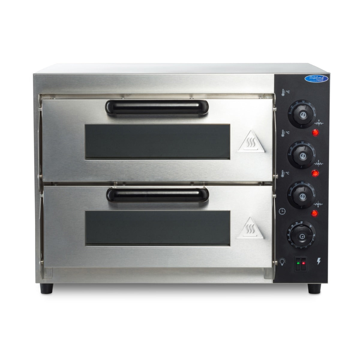 Four à pizza Maxima pour 2 pizzas de 40 cm, double étage, en acier, avec porte en verre et surface de cuisson.