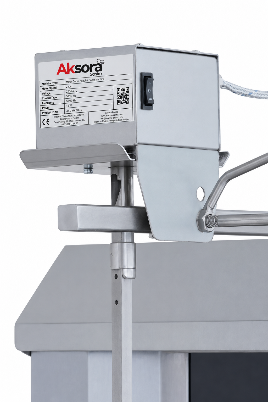 Machine à kebab électrique professionnelle AKSORA avec 3 feux et moteur haut pour cuisson uniforme.