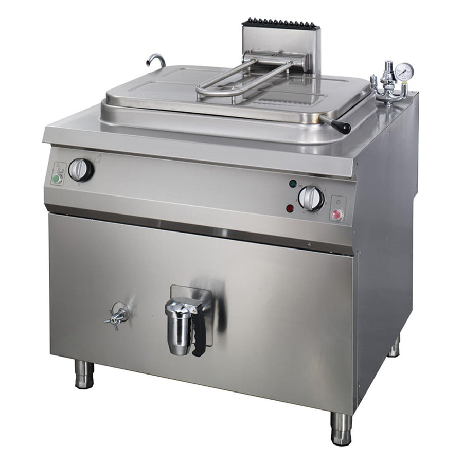 Marmite électrique Premium Maxima de 265 L, ligne de cuisson 900, indirecte, profondeur 90 cm, vue en configuration de cuisine
