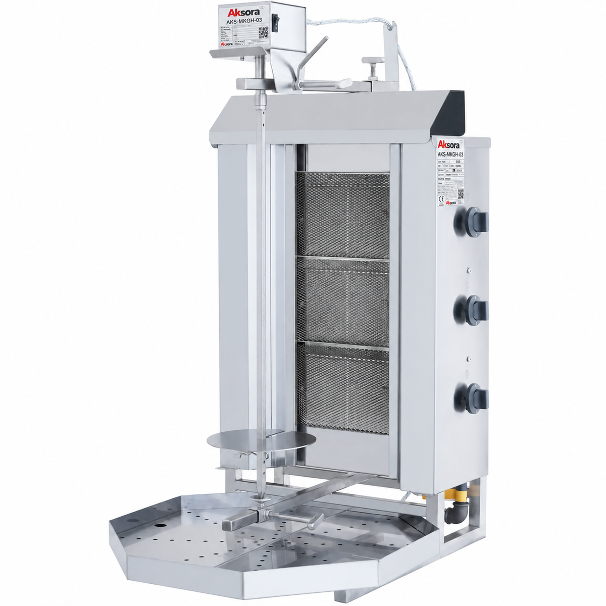 Machine à kebab professionnelle AKSORA avec 3 feux gaz, moteur haut, pour cuisson efficace et précise.