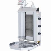 Machine à kebab professionnelle AKSORA avec 3 feux gaz, moteur haut, pour cuisson efficace et précise.