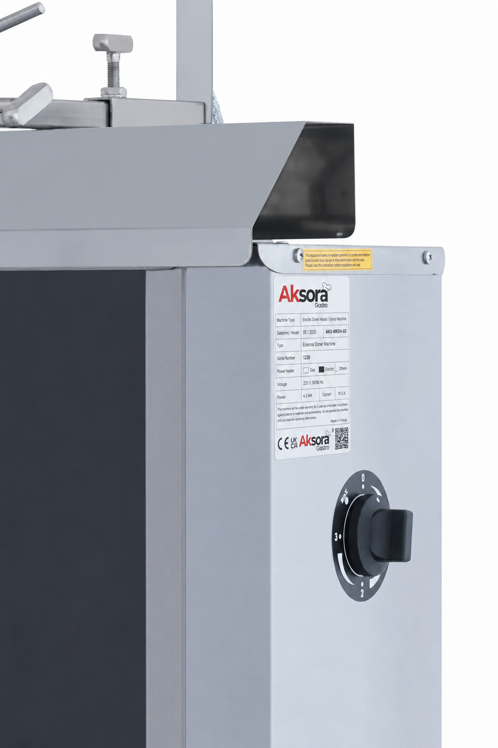 Machine à kebab électrique professionnelle AKSORA avec 3 feux et moteur haut pour cuisson efficace.