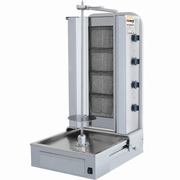 Machine à kebab professionnelle AKSORA avec 4 feux gaz et moteur bas, conçue pour la cuisson efficace de kebabs.