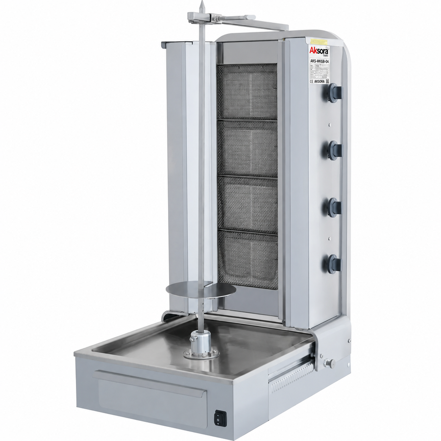 Machine à kebab professionnelle AKSORA avec 4 feux gaz et moteur bas, conçue pour la cuisson efficace de kebabs.