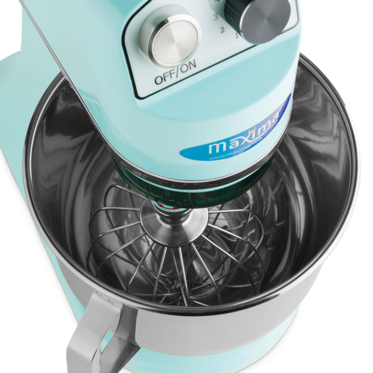 Mélangeur planétaire Maxima bleu de 7 L, capable de mélanger jusqu'à 2 kg de pâte, avec bol en acier inoxydable.