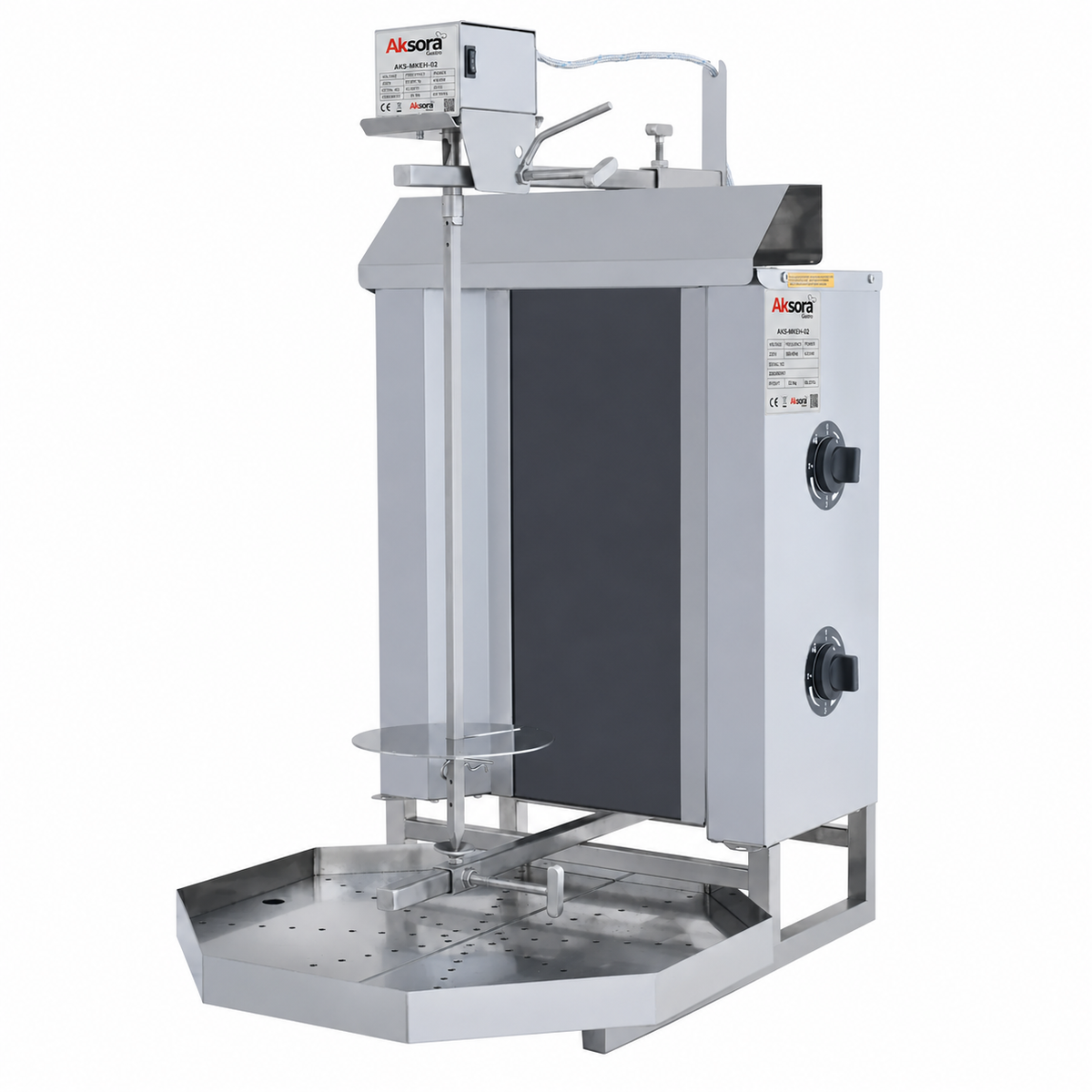 Machine à kebab électrique AKSORA avec 2 feux et moteur haut, machine professionnelle pour cuisson de viande.