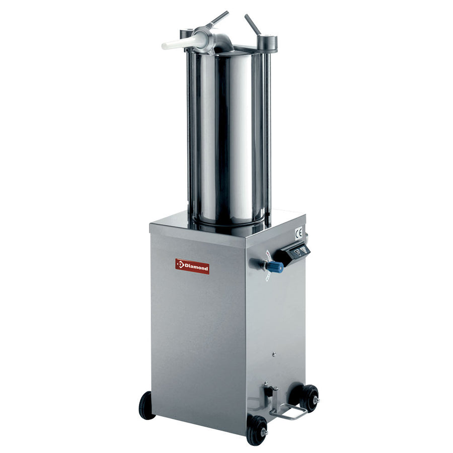 Poussoir hydraulique vertical en inox Diamond, capacité de 15 litres, sur roues, utilisé pour applications industrielles.