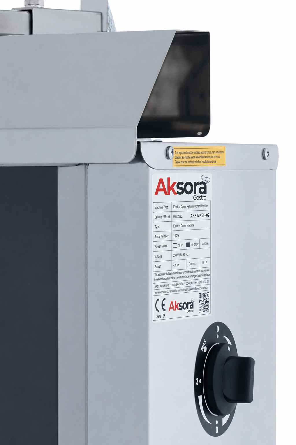 Machine à kebab électrique AKSORA avec 2 feux et moteur haut pour usage professionnel, idéale pour la cuisson du kebab.