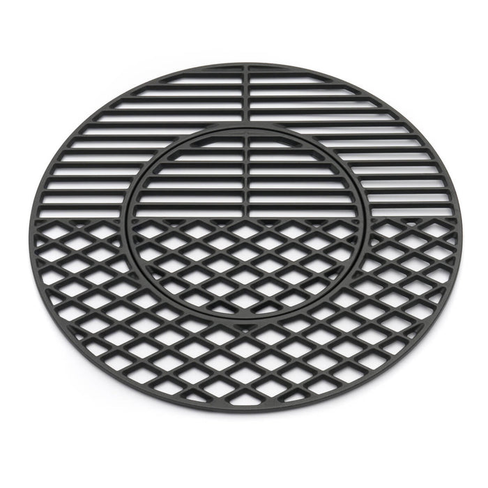 Grille de cuisson en fonte pour barbecue Kamado Maxima de 55 cm, avec détails de la grille et surface en fonte.