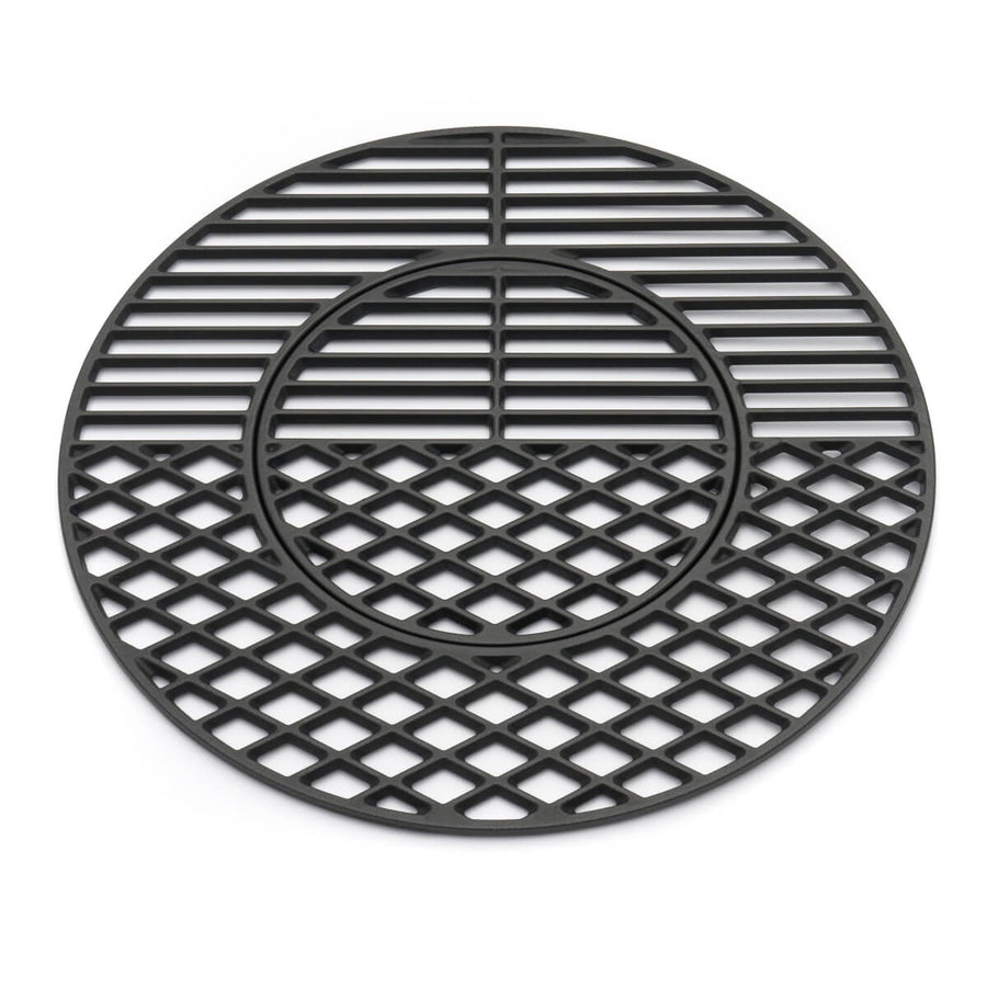 Grille de cuisson en fonte pour barbecue Kamado Maxima de 55 cm, avec détails de la grille et surface en fonte.