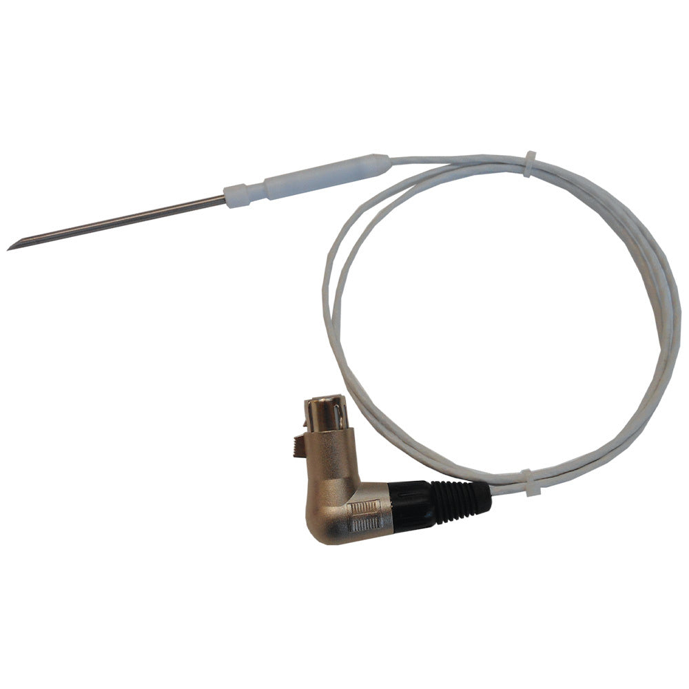 Sonde à cœur Diamond Combi SMALL/SMART pour cuisson, montre la sonde en position avec câbles flexibles et connecteurs.